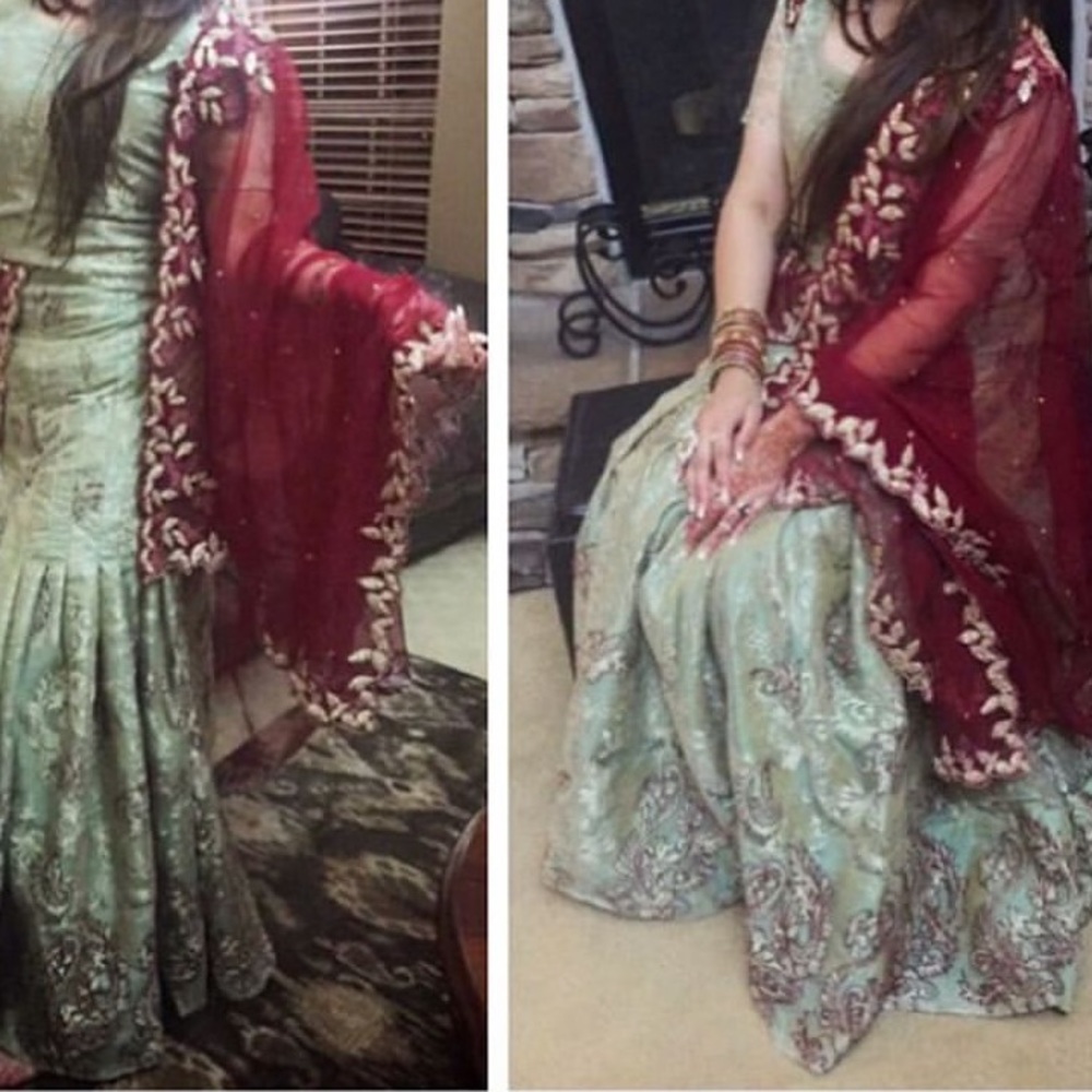 Green/Burgundy 3 Piece Lenga Choli